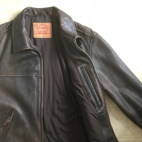 Vtg Brown Leather Levi’s Cafe Moto Jacket Sz M - Picture 3 of 7